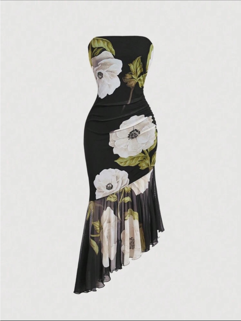 SHEIN Strapless Black Floral Asymmetrical Midi Dress